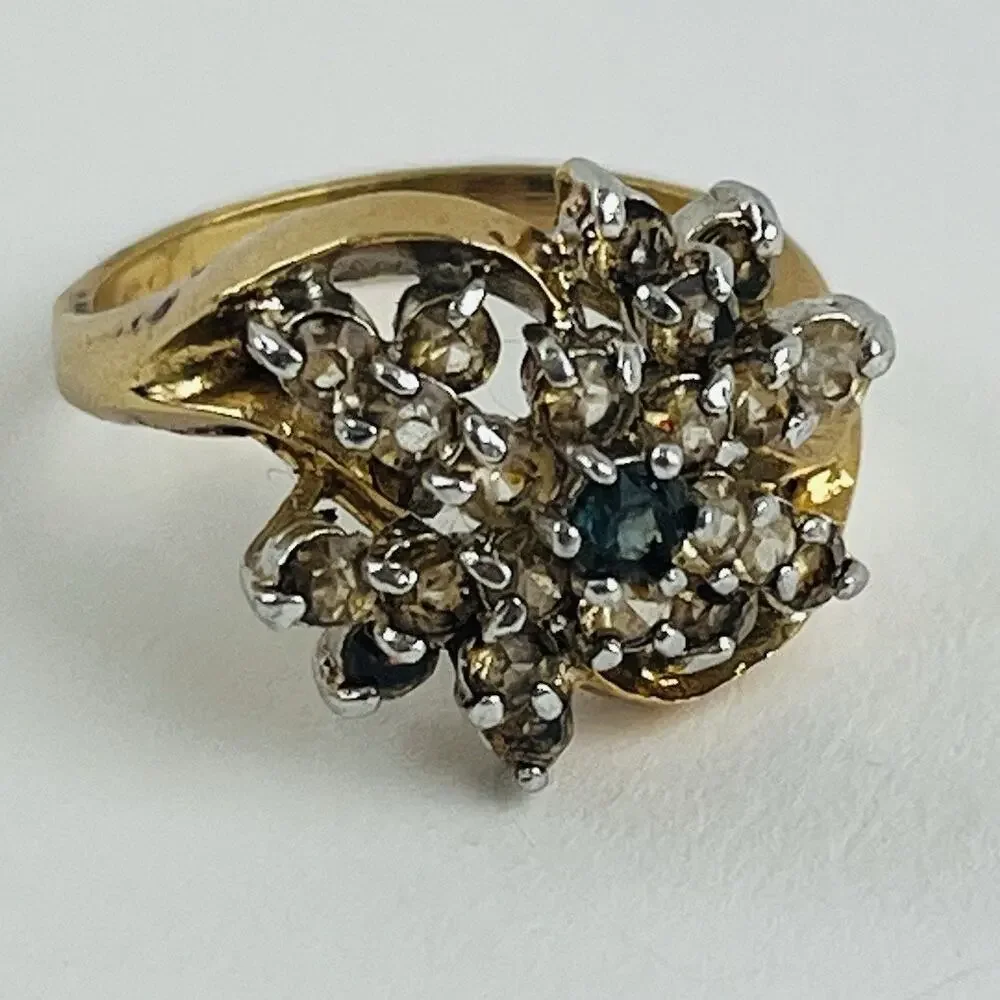 18K HGE Vintage Flower Cocktail Cluster Rhinestone Ring Size 7 citrine look blue